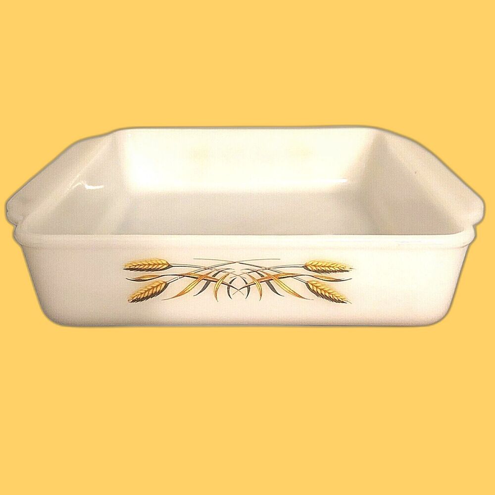 Fire King Square Baking Dish Golden Wheat #452 8" VTG 70s Milk Glass Cottagecore